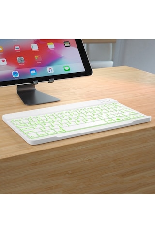 Dancemonkey 10 İnç Kablosuz Bt Klavye, Ultra İnce, Şarj Edilebilir, 7 Renkli Beyaz, Üç Sistem Uyumlu