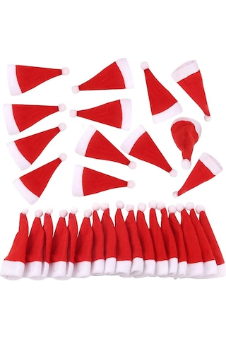 Vkemall Noel Tatlımı Santa Şapka Desenli 12 Cm 30'lu Masa Dekorasyon Seti - Çatal Bıçak Ve Şişe Süsü İçin Dayanıklı Fiber Ve Sahte Süet Malzeme Kırmızı
