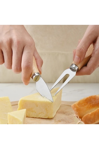 4 Parça Bambu Saplı Peynir Bıçak Çatal Spatula Seti, Sunum Seti