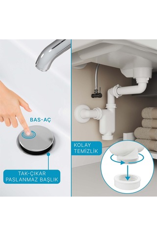 Smart Pop-up Sifon, Taşma Deliksiz Krom +comfort Yer Kazandıran Lavabo Sifonu -2 Parça Set
