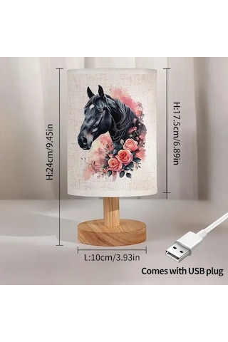 Willowhaven 24x10 Kara At Baskılı Ahşap Renk Masa Lambası Led Işık Usb Şarjlı Yatak Başı Lamba Hediye Füme