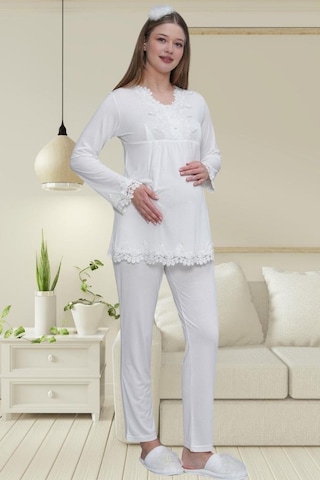 Mecit Pijama Mecit 1519 Bayan Hamile Lohusa Ekru Sabahlık Gecelik Pijama Seti