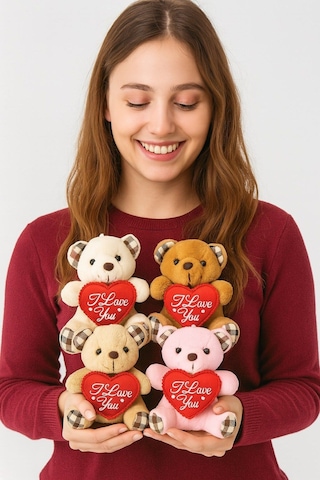 I Love You Seni Seviyorum Mesajlı 4 Adet Sevimli Mini Peluş Ayıcık Kalpli 11x9 Cm Peluş Ayıcıklar Çok Renkli