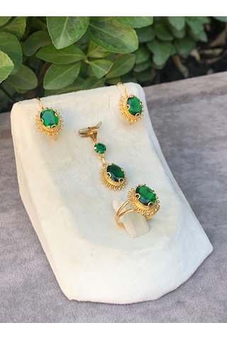 Bayar Gold 14 Ayar Altın Güneş Model Zümrüt Taşlı Set