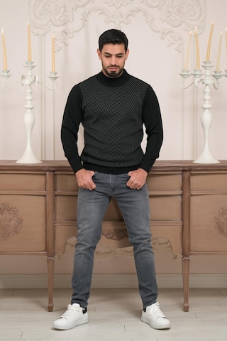 Woolen World Balıkçı Yaka Desenli Yünlü Erkek Triko Kazak Siyah