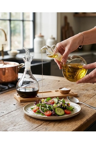2li Düz Tombul Borosilikat Cam Yağdanlık Ve Sirkelik Seti Bambu Standlı 750 Ml Şeffaf