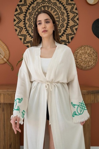 Yeşil Baskı Detay Keten Hırka Çok Renkli