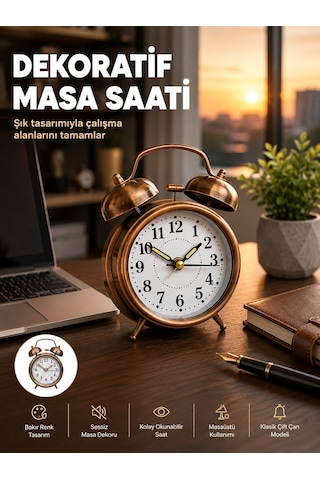 Retro Tarz Bronz Dekoratif Masa Saati Metal Gövde Yüksek Sesli Alarm Çokrenkli