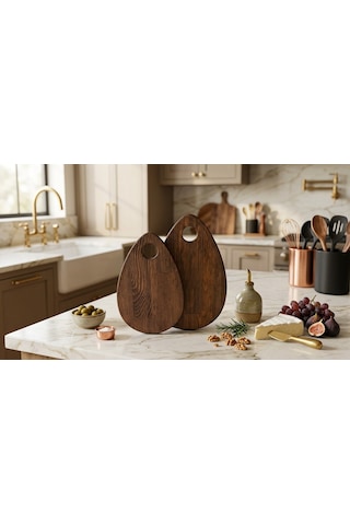 Fam Wood Art Damla Model 2'li Kesme Sunum Doğrama Tahtası, Servis Tabağı %100 Çam Ağacı Kahverengi