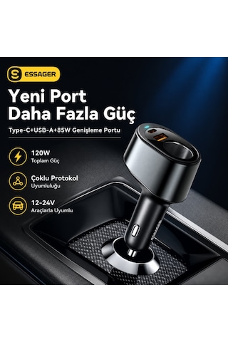 Essager 120w Süper Hızlı Araç Şarj Cihazı 35w Type-c + 30w Usb Hızlı Şarj Ve 85w Çakmaklık Çoklayıcı