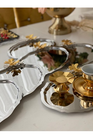 Paslanmaz Çelik Kelebek Aksesuarlı Oval Model 6 Adet Sunum Tepsisi Gümüş
