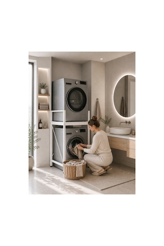Lifos Beyaz Raflı Çamaşır Makinesi Dolabı Kurutma Makinesi Dolabı Metal Banyo Dolabı