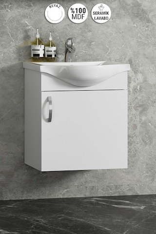Yıldız 45 Cm Beyaz Mdf Seramik Lavabolu Asma Alt Banyo Dolabı