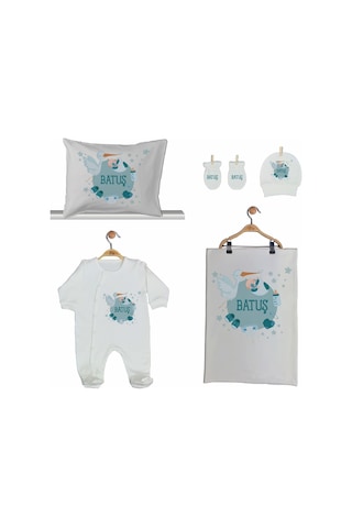 Pia Baby Gl 2004 İsme Özel Leylekli Beşli Tulum Set Mavi