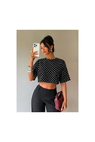 Hımmelduf Kadın Puantiye Desenli Crop Tişört Basic Oversize Yazlık Bluz Siyah