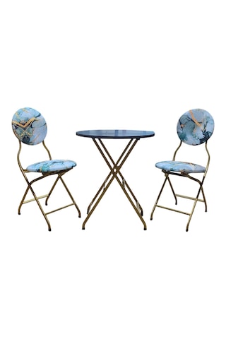 Katlanabilir Mermer Desenli Gold Metal Masa Ve Sandalye Takımı -