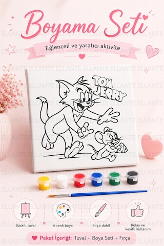Tom & Jerry Baskılı Boyama Tuvali Seti 20x20 Cm 6 Renk Akrilik Boya + Fırça Dahil Çocuklar İçin