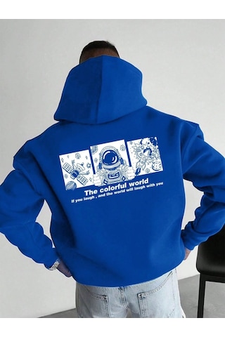 Mbb E-ticaret Erkek Baskılı Kapüşonlu Cepli Hoodie 3 İplik Pamuklu Sweatshirt - Saks Mavisi Mavi