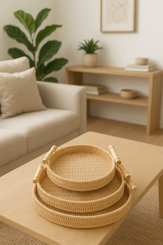 Natura - 3'lü Yuvarlak Rattan Hasır Servis Ve Sunum Tepsisi Seti Ahşap Saplı Dekoratif Tepsi Bej