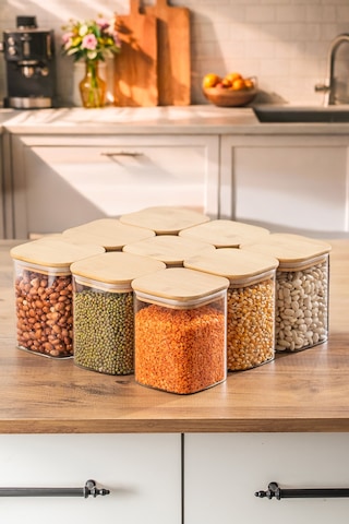 Porsima 5-3 Bambu Vakumlu Kapaklı Kare Borsilikat Cam 9lu Kavanoz Seti Saklama Kabı 750ml 7,5x15cm Ahşap - Şeffaf