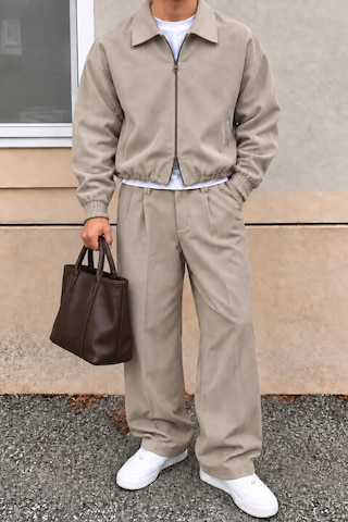 Tarz Cool Erkek Oversize Çift Fermuarlı Ceket Ve Baggy Pantolon Alt Üst Takım Bej