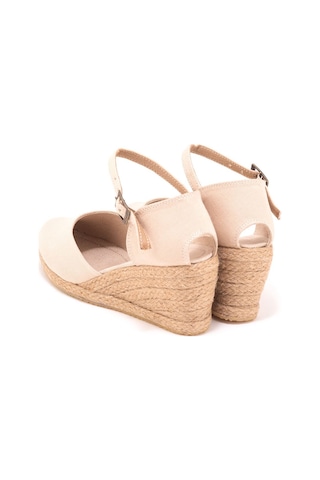 Star Tombis Gerçek Elişi Bej Bilekten Bantlı Topuğu Açık Keten Espadril Dolgu Topuk Handmade Bej