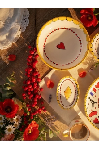 4 Parça El Boyaması Seramik Kahvaltı Seti Sarı - Kırmızı - Siyah