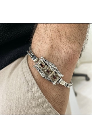 Simurg Jewellery 925 Ayar Gümüş Kırmızı Taşlı Erkek Bileklik