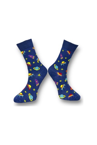 5'li Unısex Uzay Temalı Gezegen Ve Roket Tasarımlı Esnek Nem Alabilen Pamuklu Spor Soket Çoraplar Çok Renkli