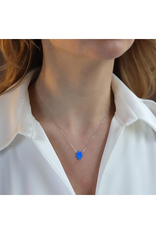 Mavi Opal Taşlı Fatma Ana Eli Gümüş Kolye Gümüş