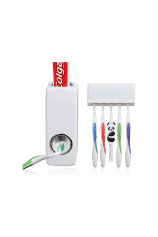 5'li Diş Fırçalık Ve Otomatik Macun Sıkacağı Duvar Askılı Beyaz Pratik Banyo Seti