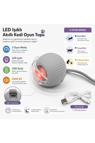 Tr Hareketli Işıklı Akıllı Kedi Oyun Topu, Şarjlı 3 Modlu Otomatik İnteraktif Oyuncak, Led Işıklı Sesli Kuyru