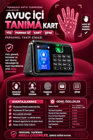 Linadex Lx-220315-m Avuç İçi Okuma-yüz Okuma-parmak İzi Okuma Ve Kartlı Personel Kontrol Cihazı -maaş Puantaj Yazılımı Ve 15 Kart Hediye