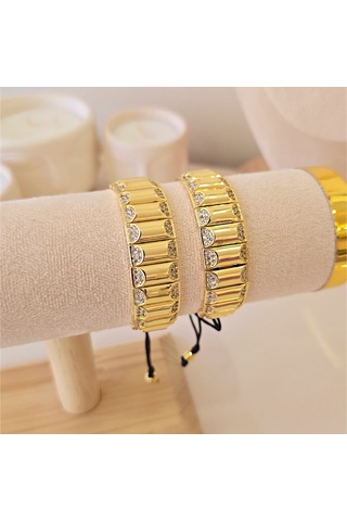 Kenarları Taşlı Jj Çelik Bileklik Gold - Çelik