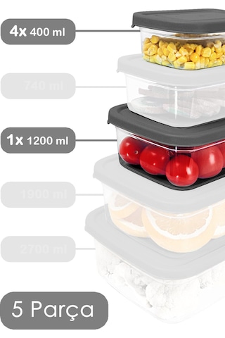 Meleni Home 5'li Dikdörtgen Erzak Saklama Kabı Seti Mikrodalgaya Uygun Düzenleyici Organizer Erzak Kabı Gri