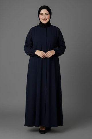 Medine İpeği Mevlana Kesim Cepli Kuşaklı Bol Büyük Beden Ferace Lacivert