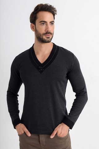 Heyss V Yaka Düğme Detaylı Erkek Triko Kazak (381033766) Antrasit