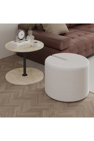 Vexana Puflu Yan Sehpa Saklanabilir Puflu Servis Sehpası Traverten Desen