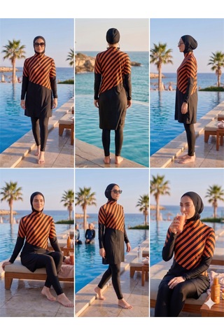Modenya Arias Closet Paraşüt Turuncu Çizgili Tam Kapalı Büzgülü Spor Likralı Tesettür Mayo Takımı Siyah