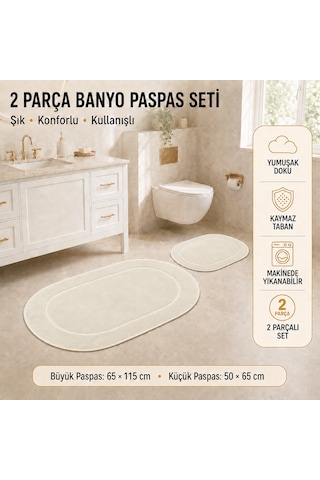 Rixos 2'li Banyo Halısı Paspası Seti Kaymaz Tabanlı Klozet Takımı Krem