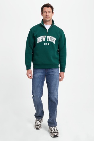 Tudors Erkek Relax Fit Rahat Kesim Pamuklu Yarım Fermuarlı Baskılı Haki Sweatshirt-42316 Haki