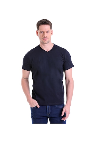 Hatemoğlu Düz Slim Fit Pamuk V Yaka Erkek Tişört - Lacivert