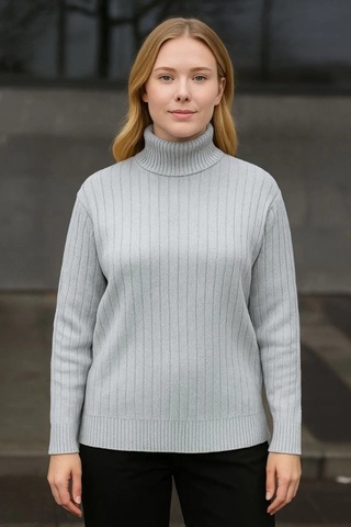 Balıkcı Yaka Bağazlı Triko Kazak Pamuklu Kalın Fitilli Dokuma - Gri Gri