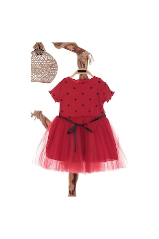 Puantiyeli Kırmızı Doğum Günü Ve Özel Günler İçin Kız Çocuk Tüllü Elbise 2-7 Yaş Aralığı Kırmızı