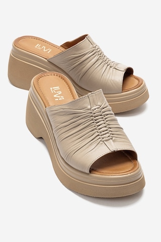 Luvishoes Nellıe Bej Hakiki Deri Kadın Dolgu Tabanlı Terlik