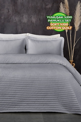 Evlen Home %100 Pamuk Yatak Örtüsü Pike Takımı Tek Kişilik Judy Yatay Çizgili Kapitone Gri Gri