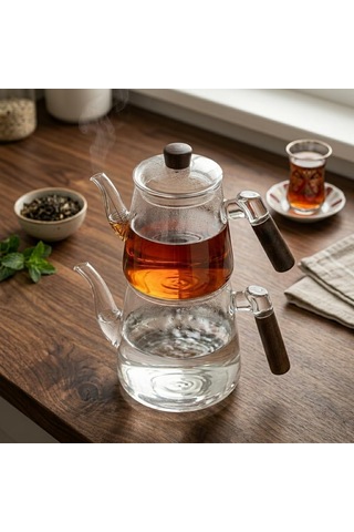 1000 Ml + 750 Ml Akasya Ahşap Kulplu Cam Çaydanlık Takımı - Isıya Dayanıklı Borosilikat Pürüzsüz Şeffaf Tasarım, Yaylı Süzgeçli Lüks Çaydanlık Çok Renkli