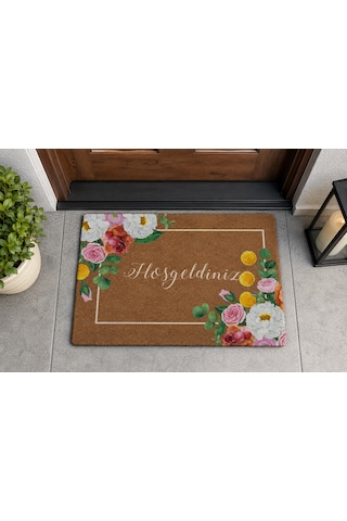 Kapı Önü Paspası Kaymaz Ağır Tabanlı Gül,çiçek Desen Hoş Geldiniz Dekoratif , Kolay Temizlenir 45x70 Cm Kod T2 Açık Kahverengi