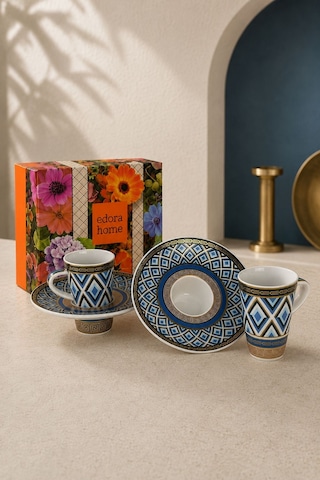 Türk Kahvesi Fincan Takımı İçe Geçmeli Mosaic Mask 2 Kişilik 4 Parça Makinede Yıkanmaz Mavi