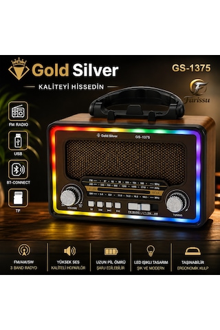 Gold Silver Gs-1375 Nostaljik Radyo - Bluetoothlu, Güneş Panelli, Şarjlı Fenerli Taşınabilir Hoparlör